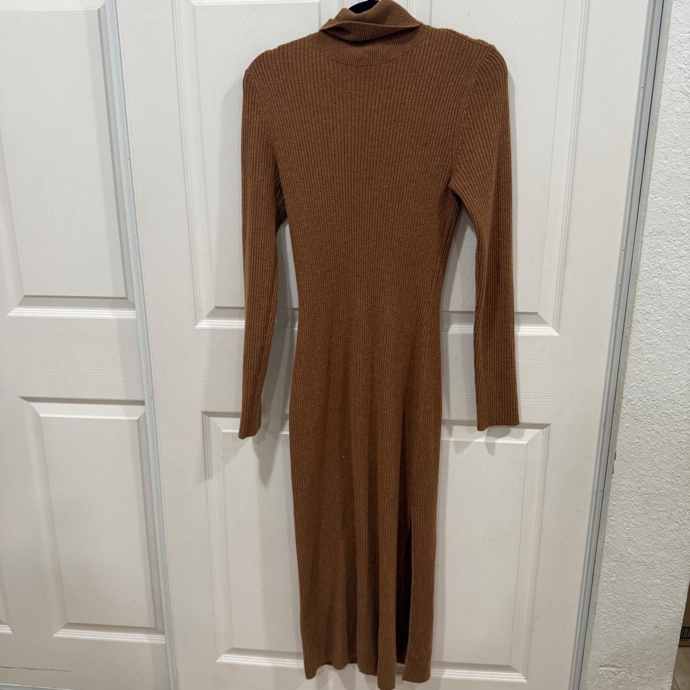 Reformation Cashmere Blend Ribbed Turtleneck Midi Dress Brown Side Slit